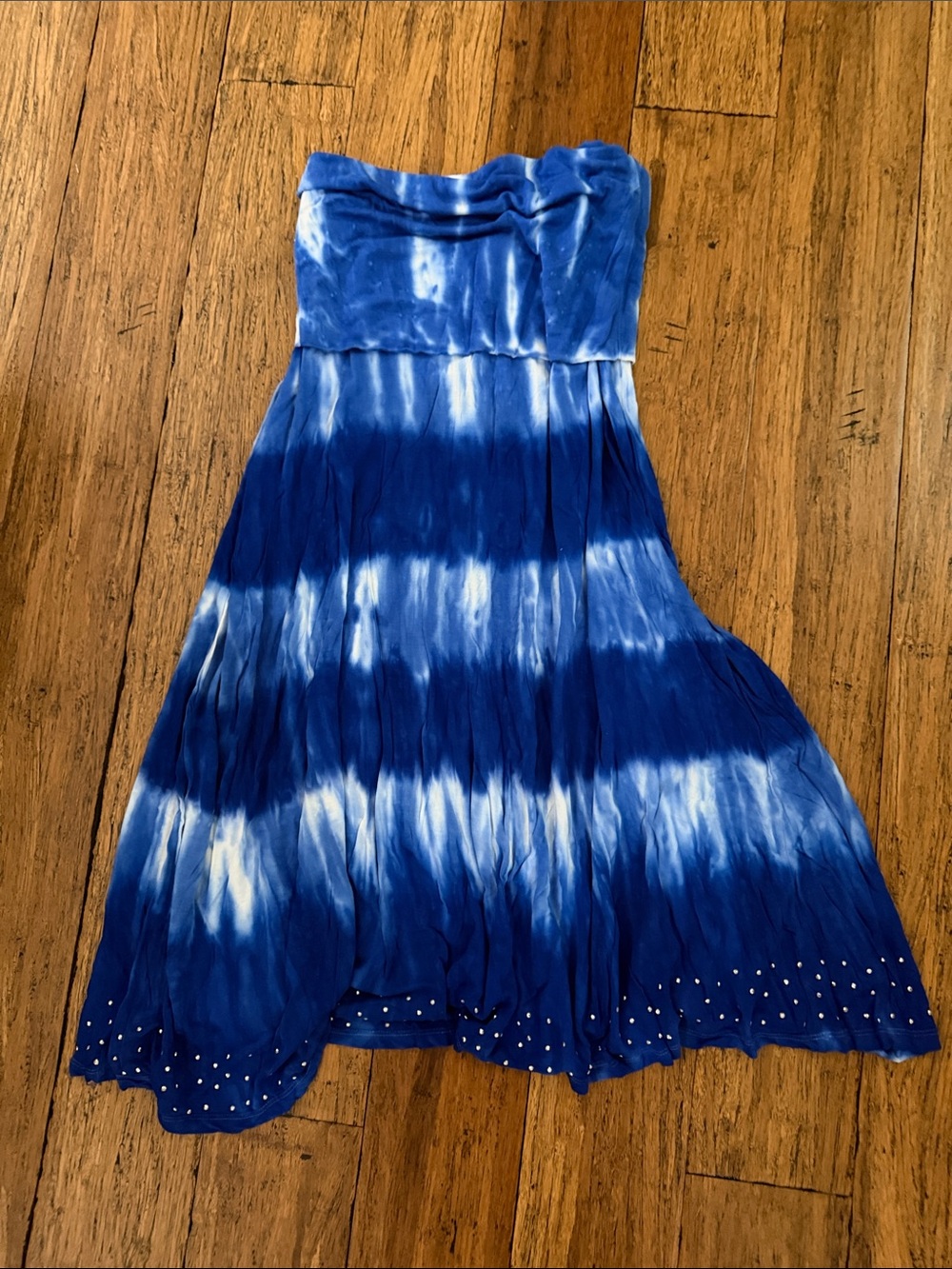 Blue & White Tie-Dye Strapless Maxi Dress